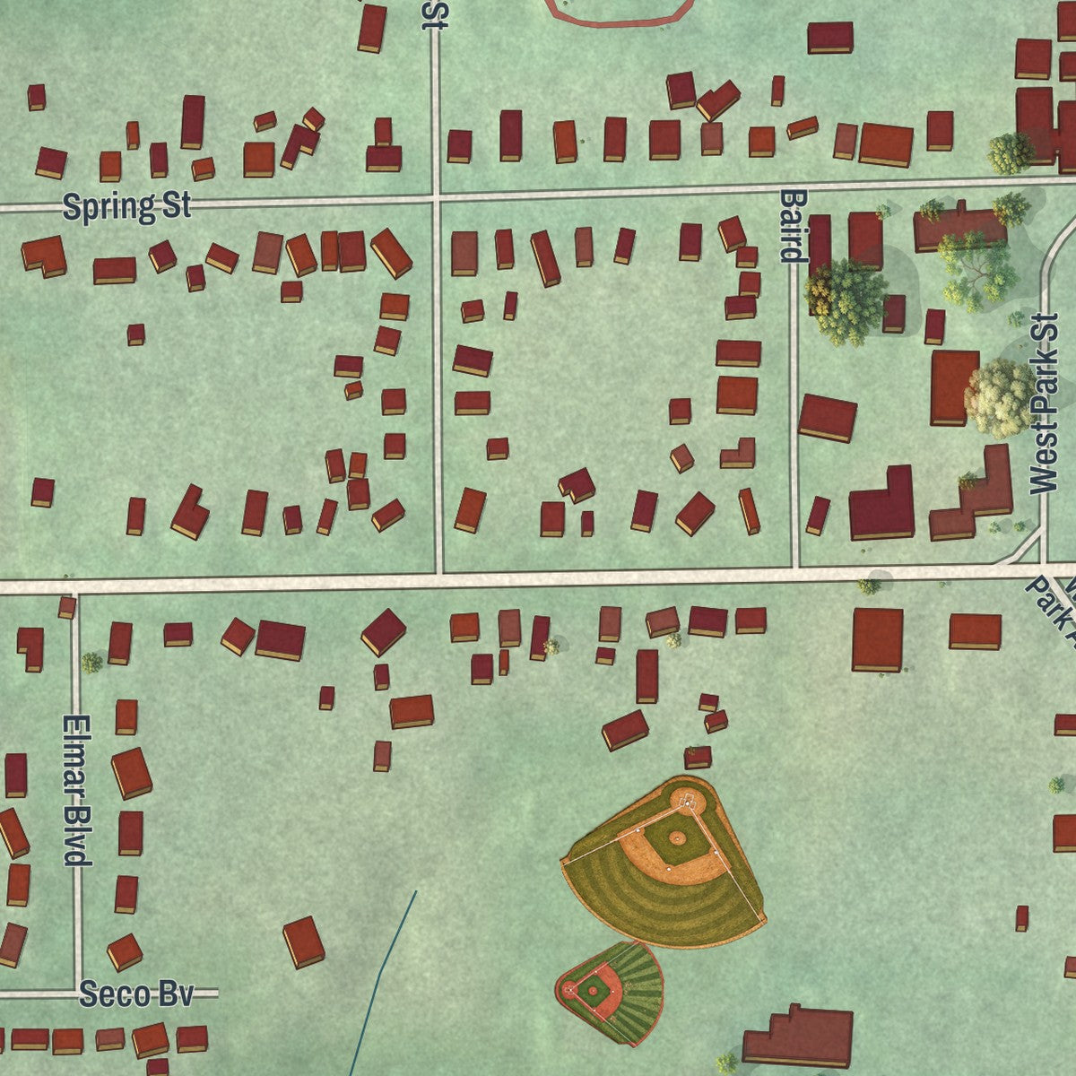 Close-up of the map of Burton, Ohio print showing street and building detail