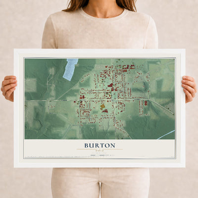 Map of Burton, Ohio, 12 x 18 inch print in a white wood frame