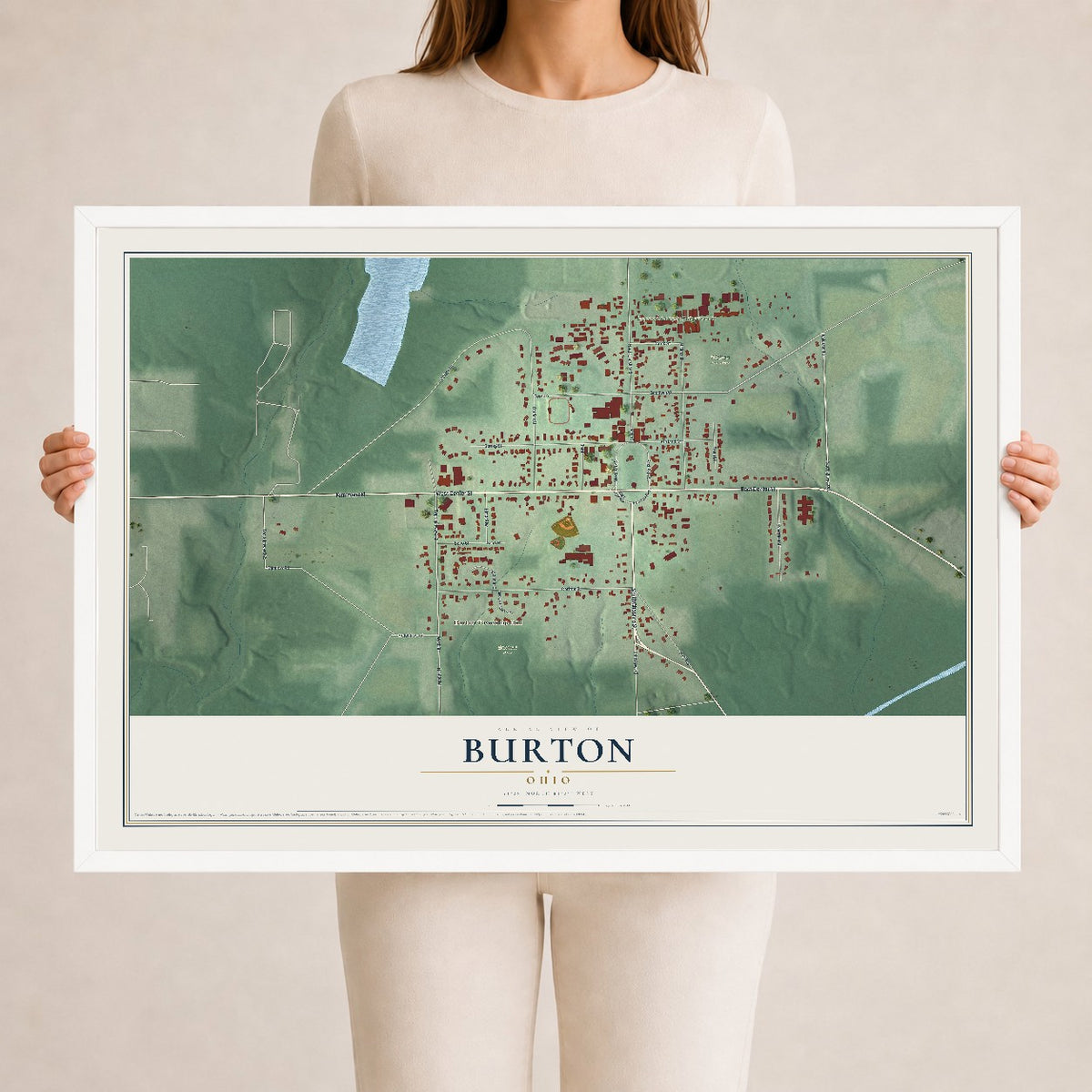 Map of Burton, Ohio, 24 x 36 inch print in a white wood frame