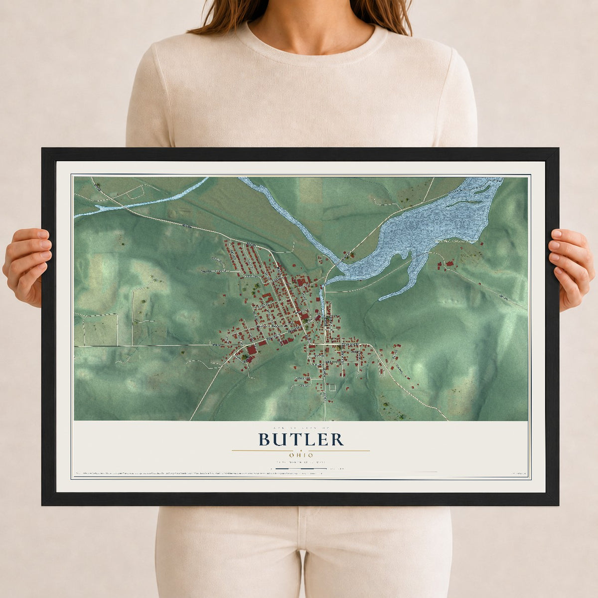 Map of Butler, Ohio, 12 x 18 inch print in a black wood frame