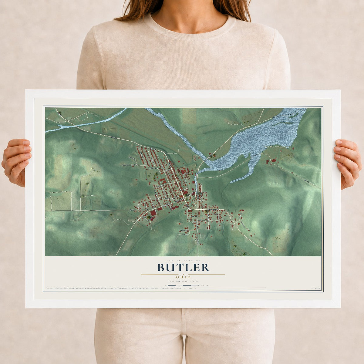 Map of Butler, Ohio, 12 x 18 inch print in a white wood frame