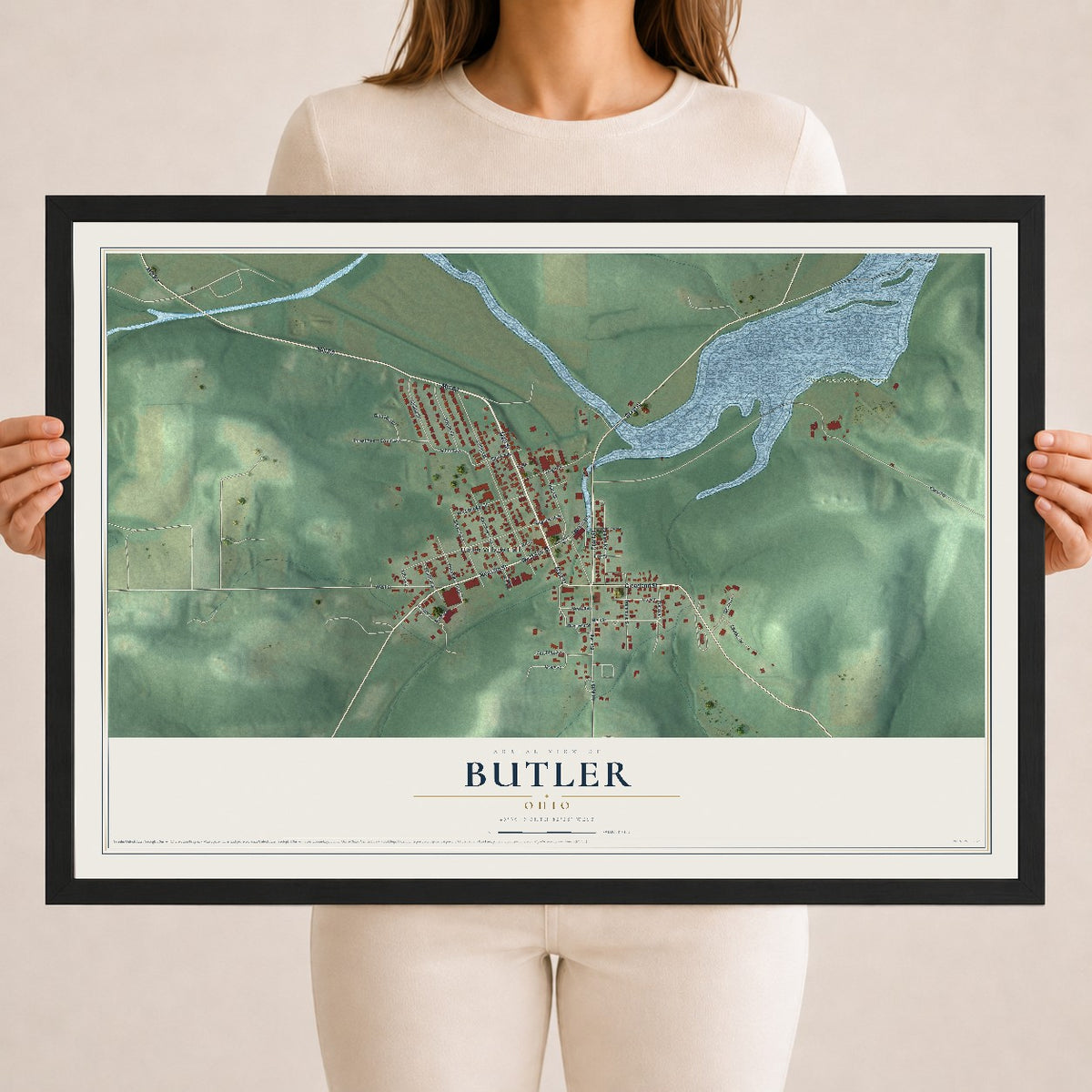 Map of Butler, Ohio, 18 x 24 inch print in a black wood frame