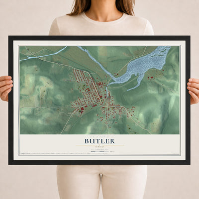 Map of Butler, Ohio, 18 x 24 inch print in a black wood frame