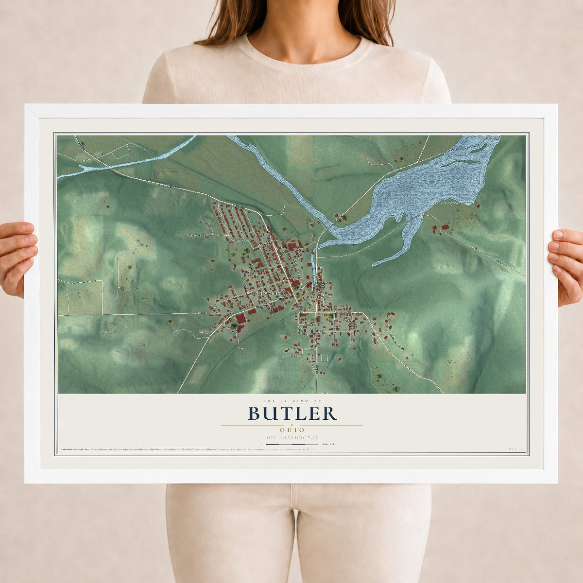 Map of Butler, Ohio, 18 x 24 inch print in a white wood frame