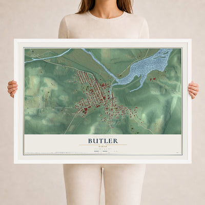 Map of Butler, Ohio, 24 x 36 inch print in a white wood frame