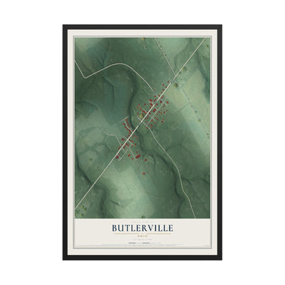 Map of Butlerville, Ohio, 12 x 18 inch print in a black wood frame