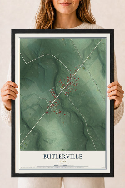 Map of Butlerville, Ohio, 18 x 24 inch print in a black wood frame