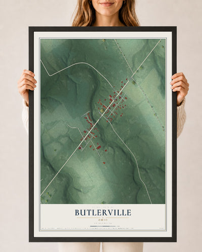 Map of Butlerville, Ohio, 24 x 36 inch print in a black wood frame