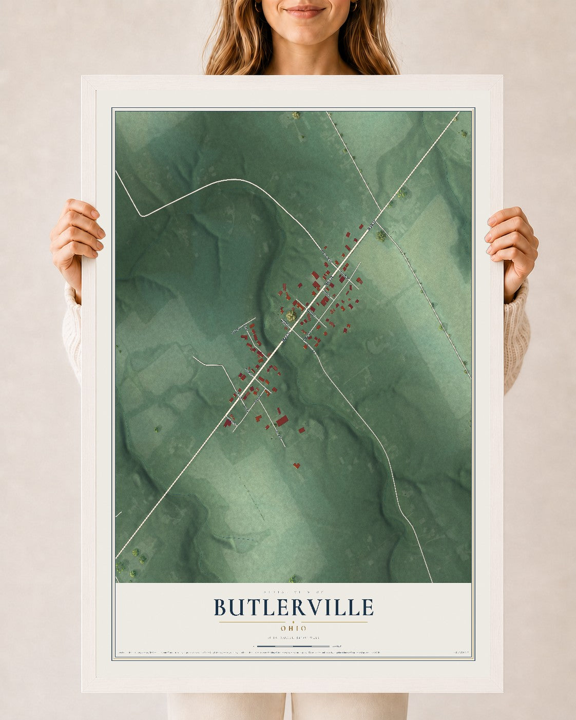 Map of Butlerville, Ohio, 24 x 36 inch print in a white wood frame