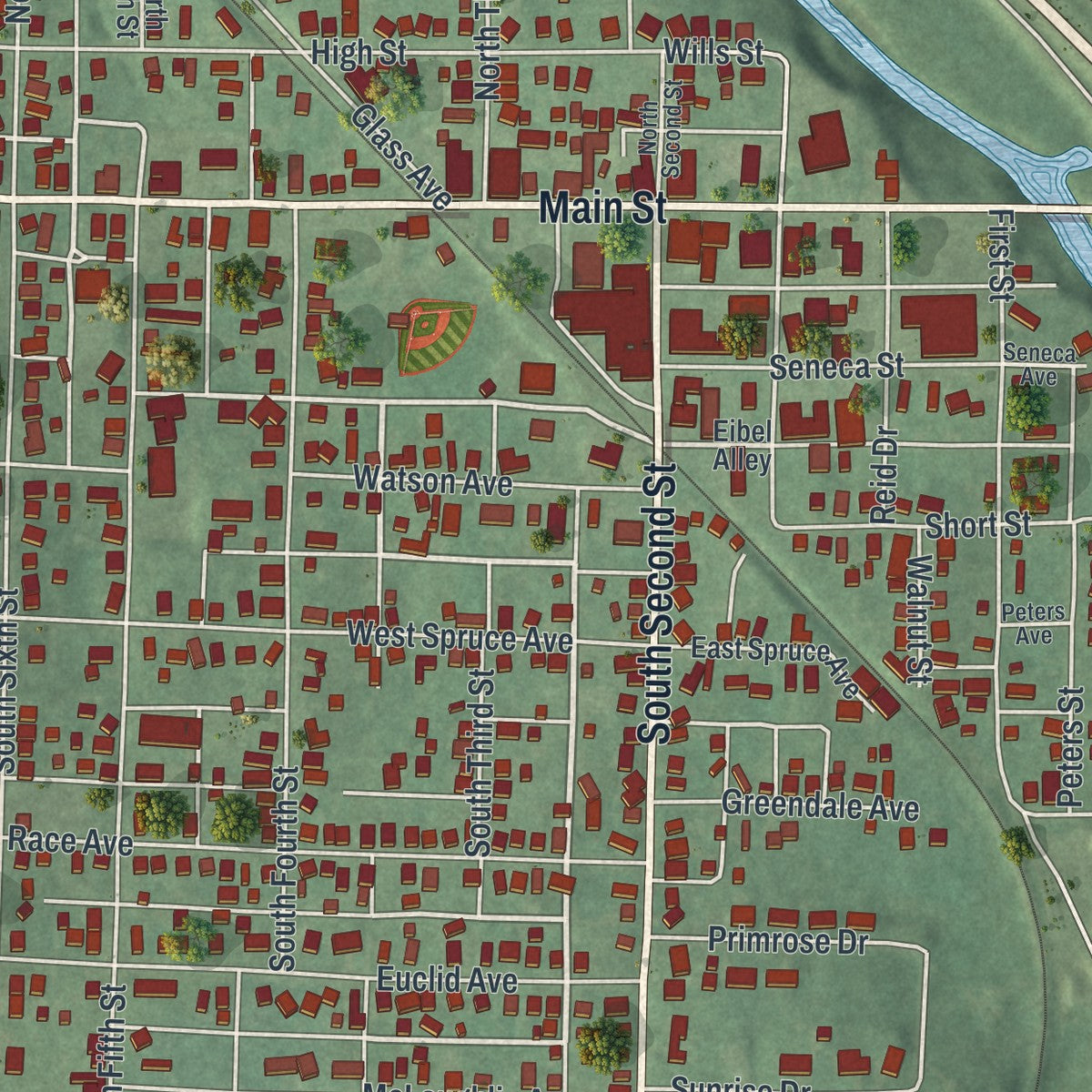 Close-up of the map of Byesville, Ohio print showing street and building detail
