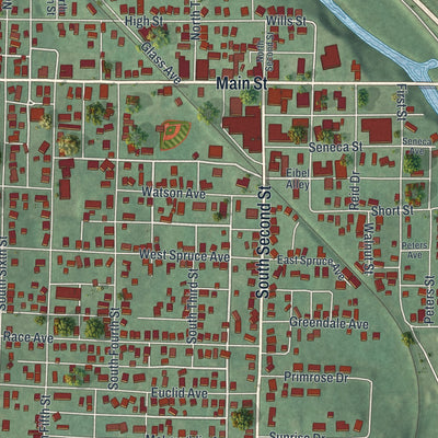 Close-up of the map of Byesville, Ohio print showing street and building detail