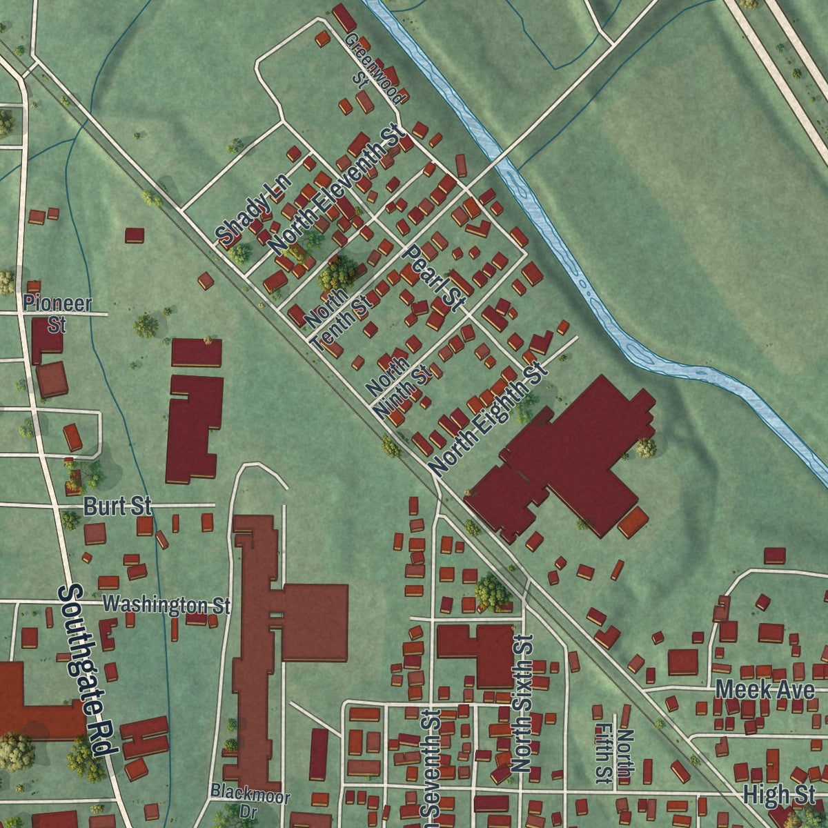 Second close-up of the map of Byesville, Ohio print showing more streets and buildings