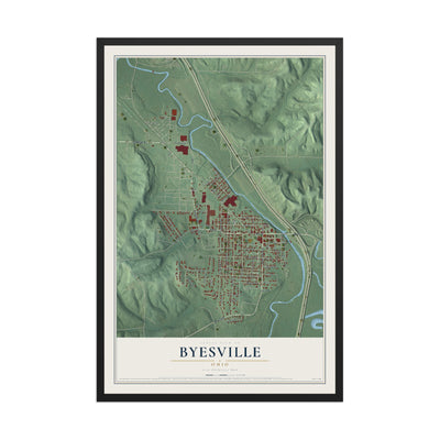 Map of Byesville, Ohio, 12 x 18 inch print in a black wood frame
