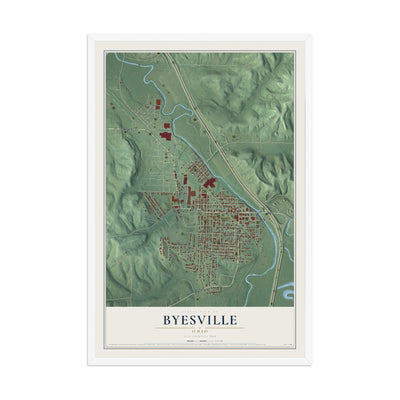 Map of Byesville, Ohio, 12 x 18 inch print in a white wood frame