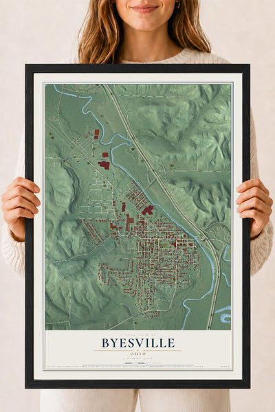 Map of Byesville, Ohio, 18 x 24 inch print in a black wood frame