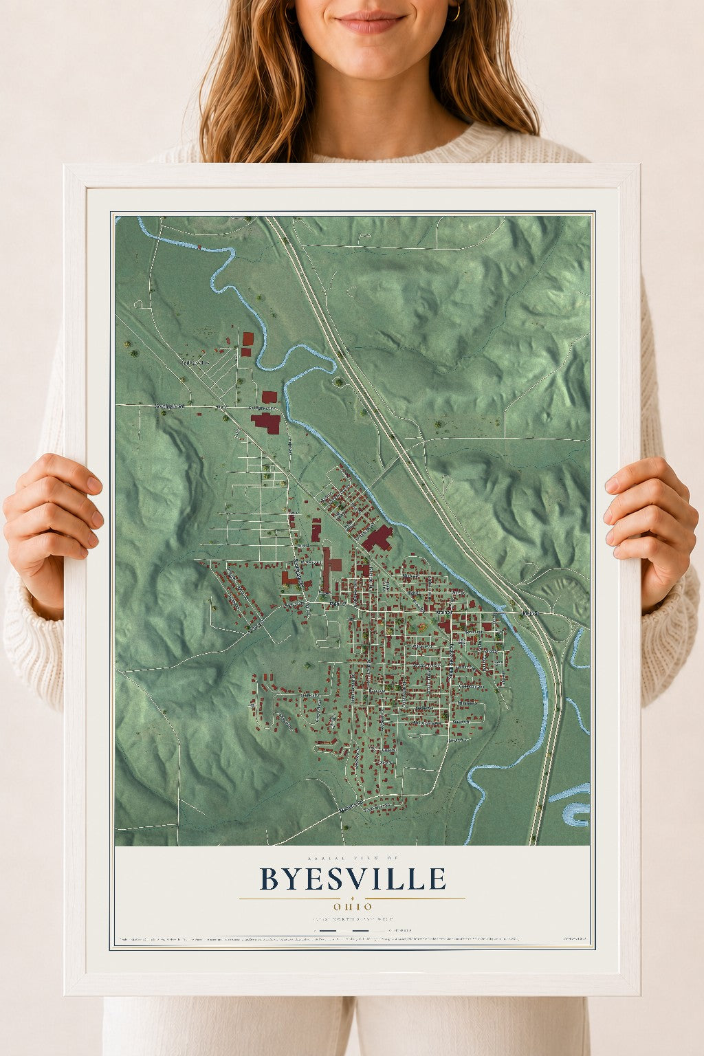 Map of Byesville, Ohio, 18 x 24 inch print in a white wood frame