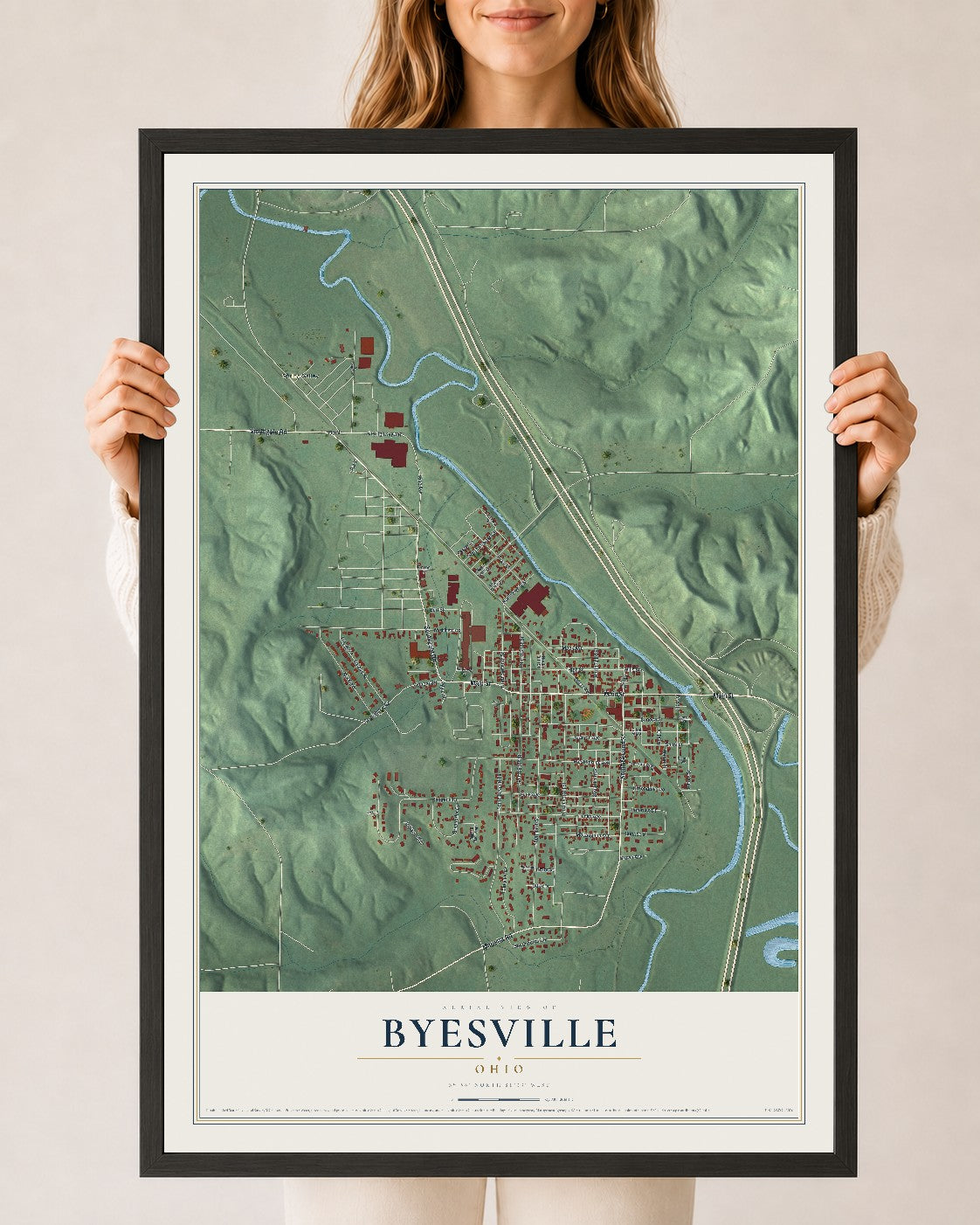 Map of Byesville, Ohio, 24 x 36 inch print in a black wood frame