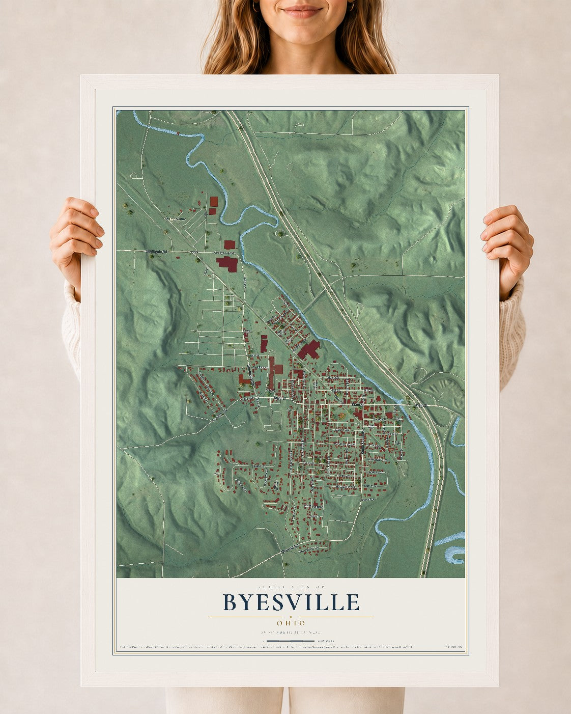 Map of Byesville, Ohio, 24 x 36 inch print in a white wood frame