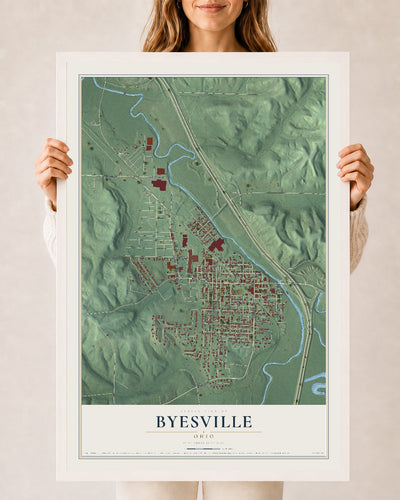 Map of Byesville, Ohio, 24 x 36 inch print in a white wood frame