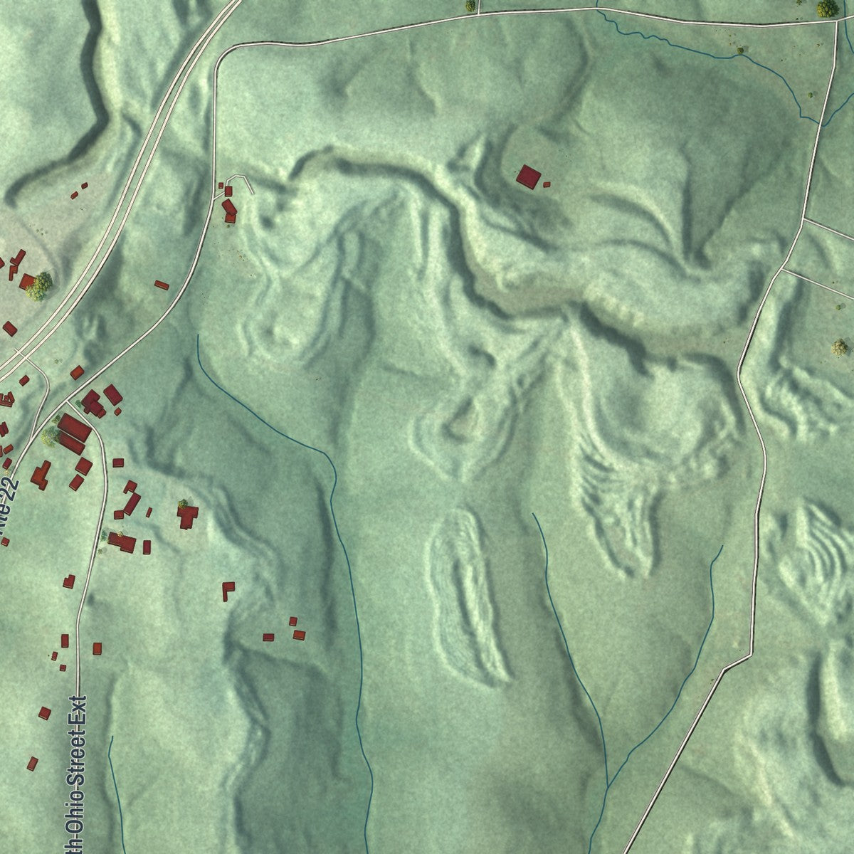 Second close-up of the map of Cadiz, Ohio print showing more streets and buildings