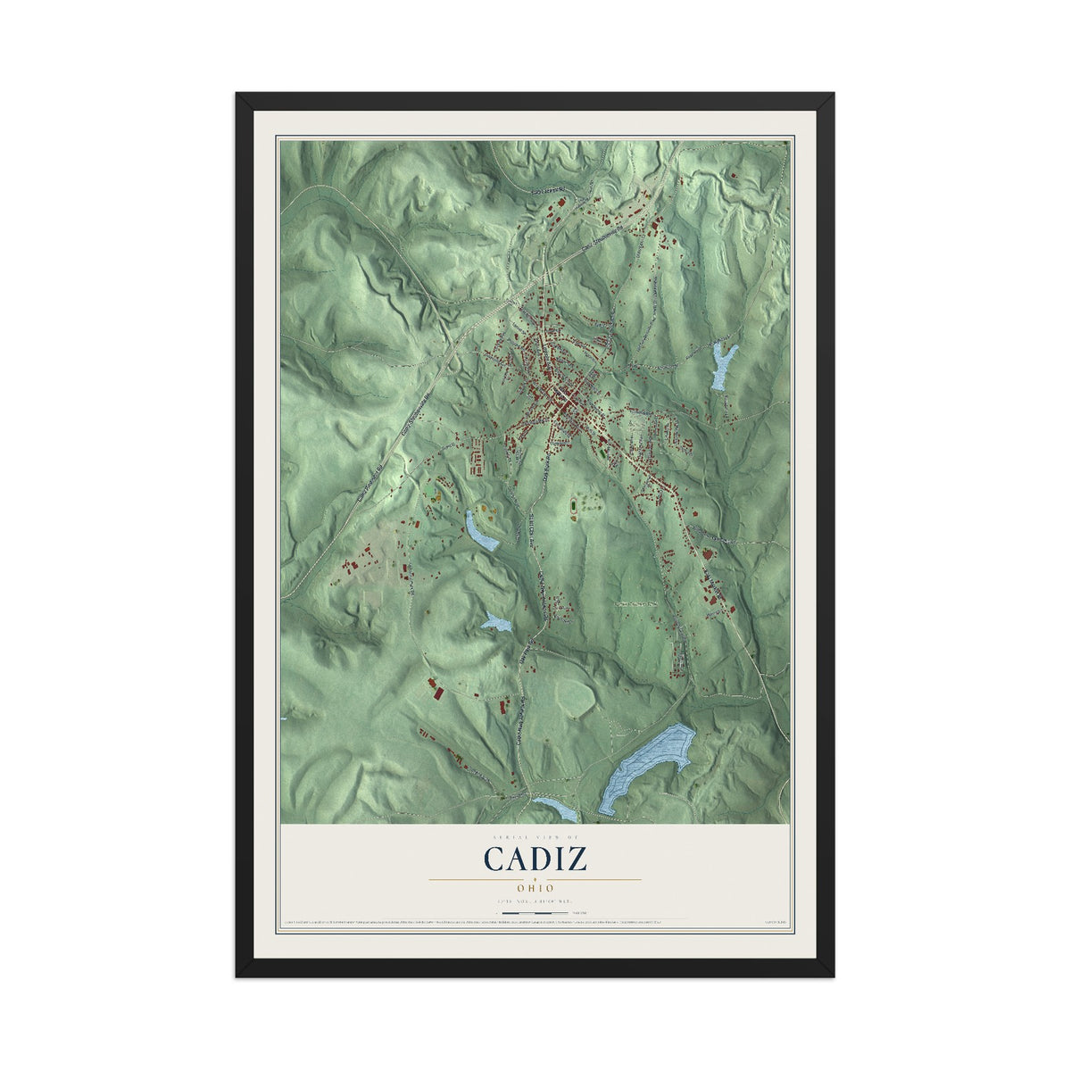 Map of Cadiz, Ohio, 12 x 18 inch print in a black wood frame
