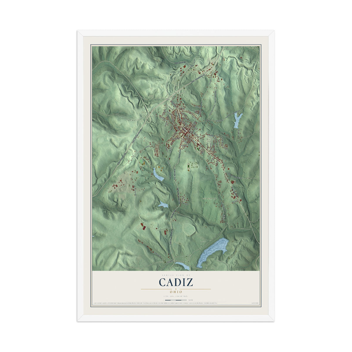 Map of Cadiz, Ohio, 12 x 18 inch print in a white wood frame