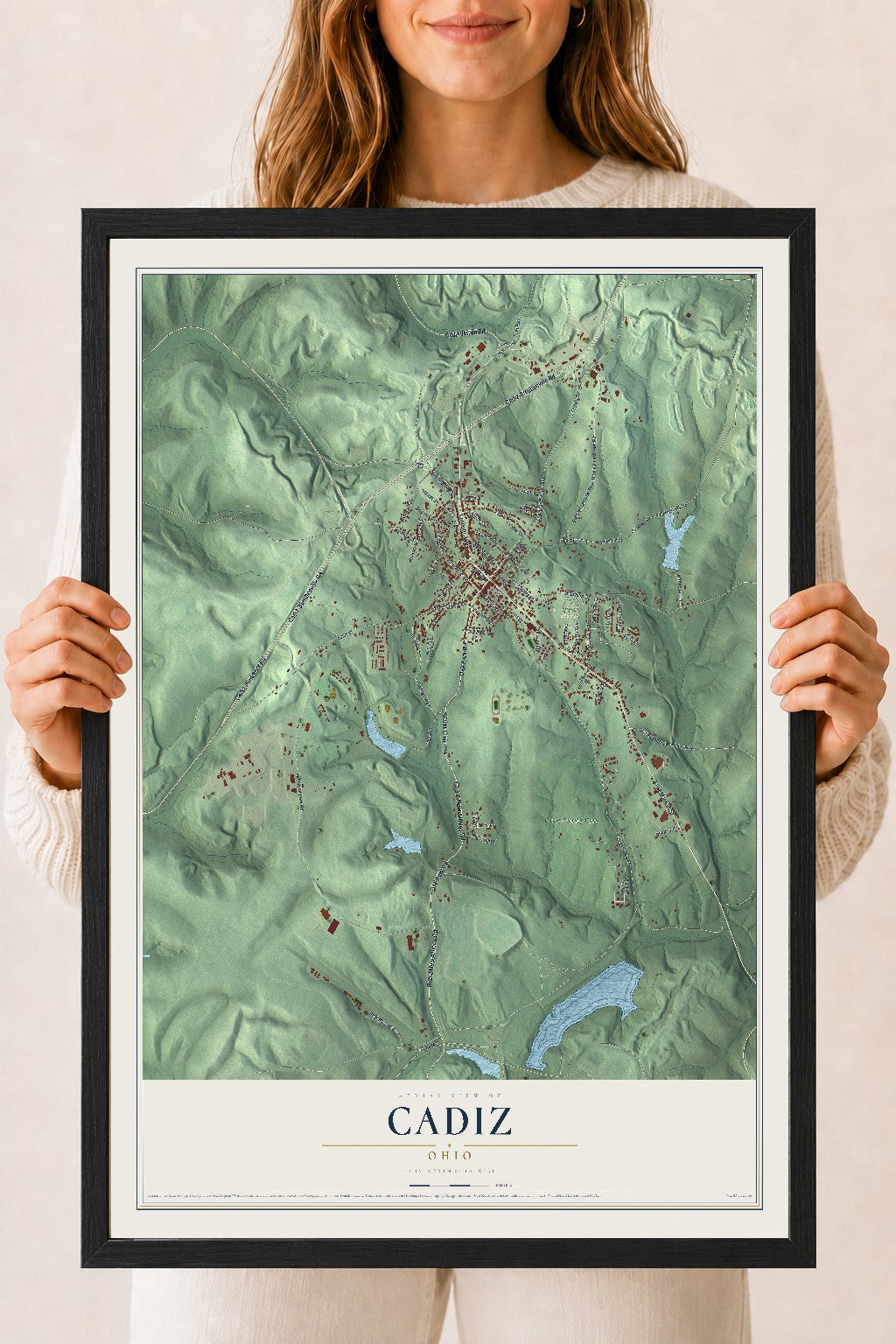 Map of Cadiz, Ohio, 18 x 24 inch print in a black wood frame