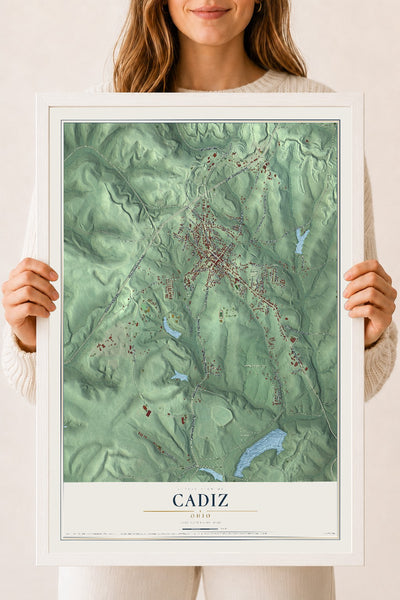 Map of Cadiz, Ohio, 18 x 24 inch print in a white wood frame