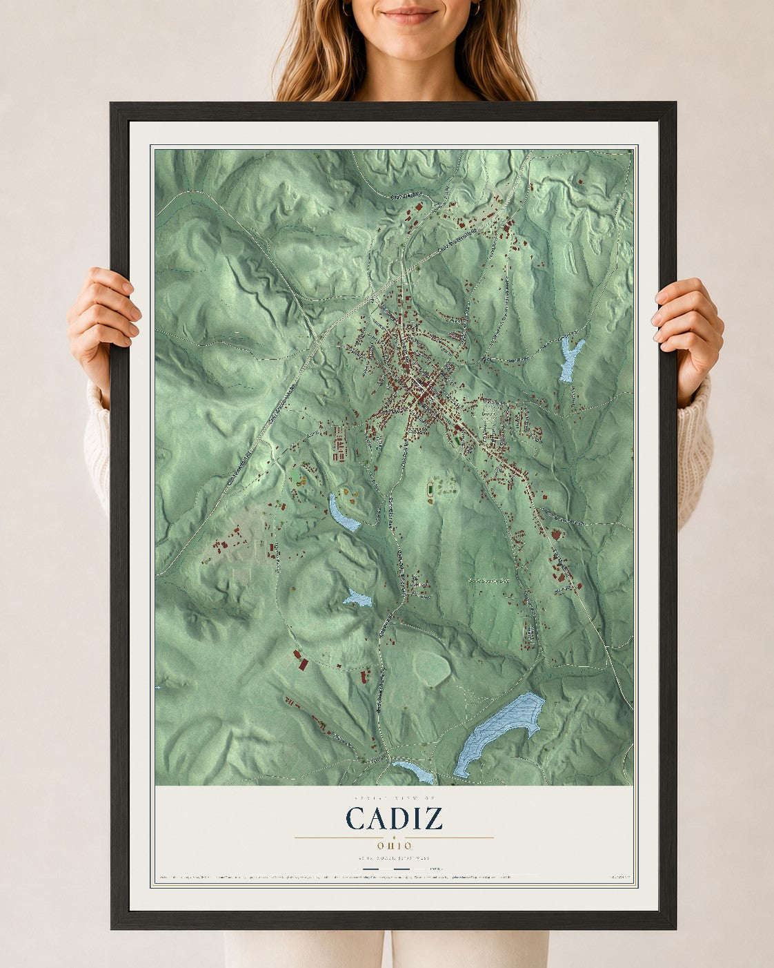 Map of Cadiz, Ohio, 24 x 36 inch print in a black wood frame