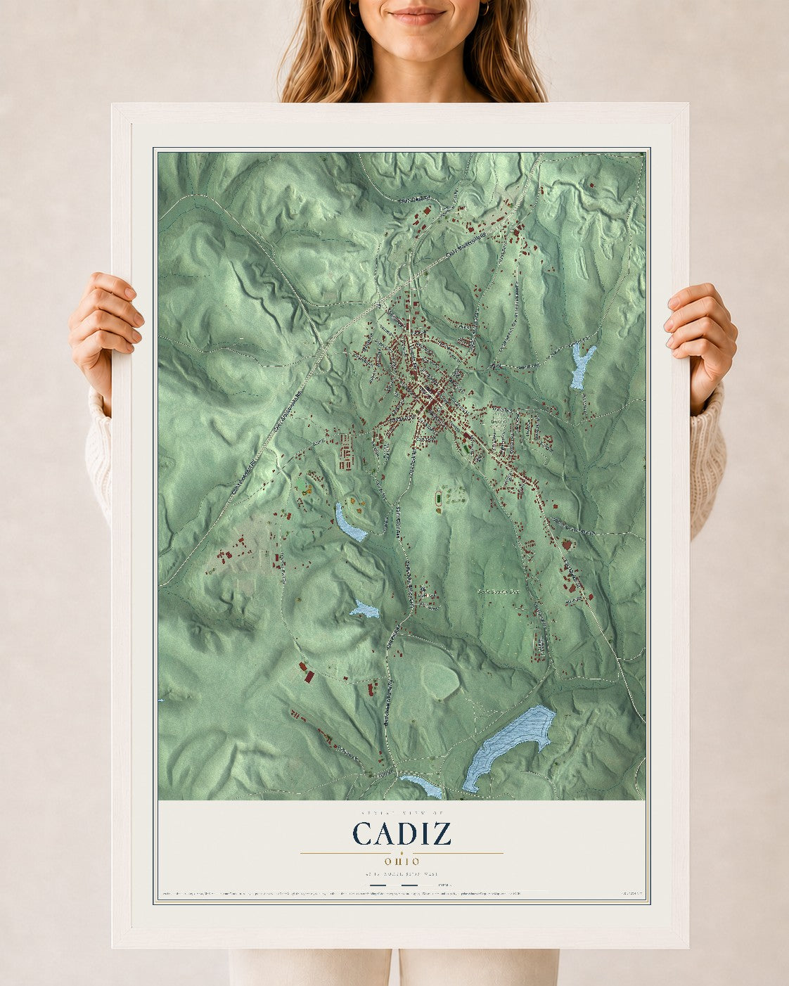 Map of Cadiz, Ohio, 24 x 36 inch print in a white wood frame