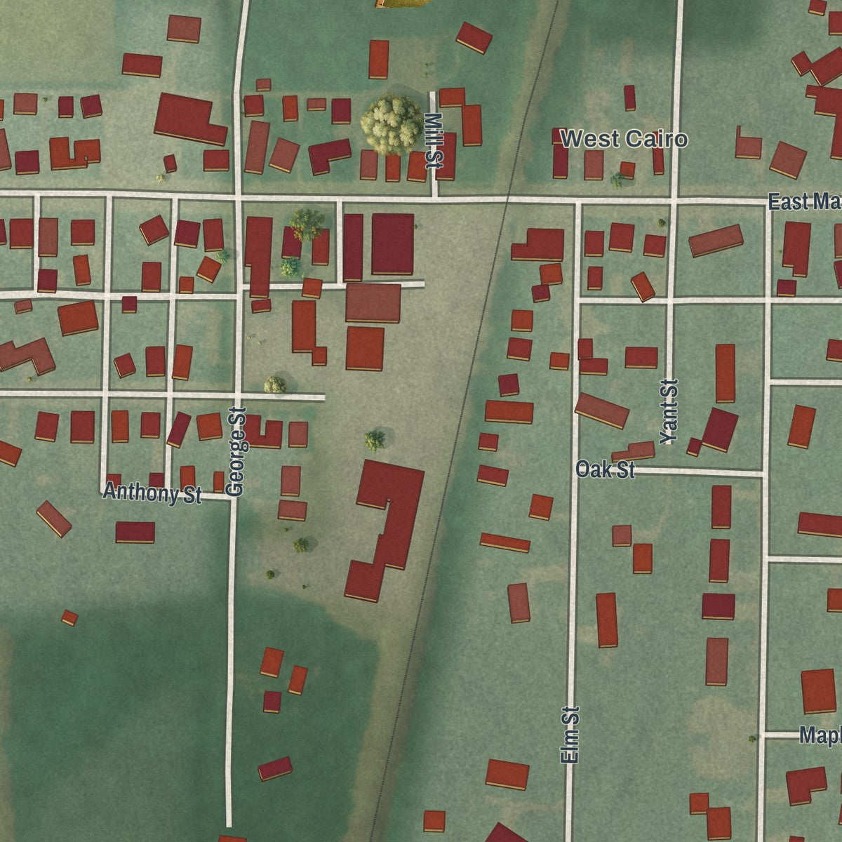 Close-up of the map of Cairo, Ohio print showing street and building detail