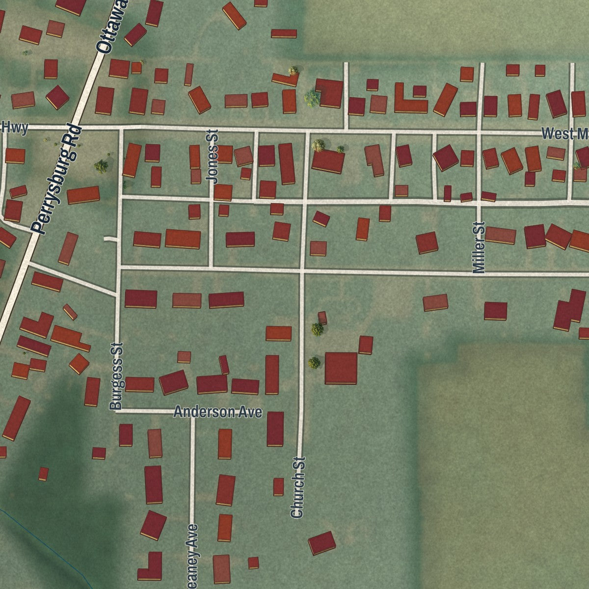 Second close-up of the map of Cairo, Ohio print showing more streets and buildings