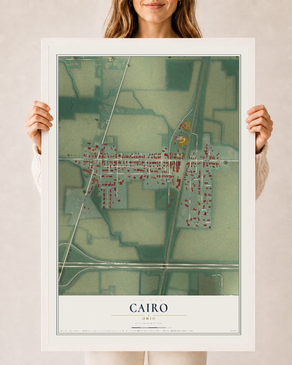 Map of Cairo, Ohio, 24 x 36 inch print in a white wood frame