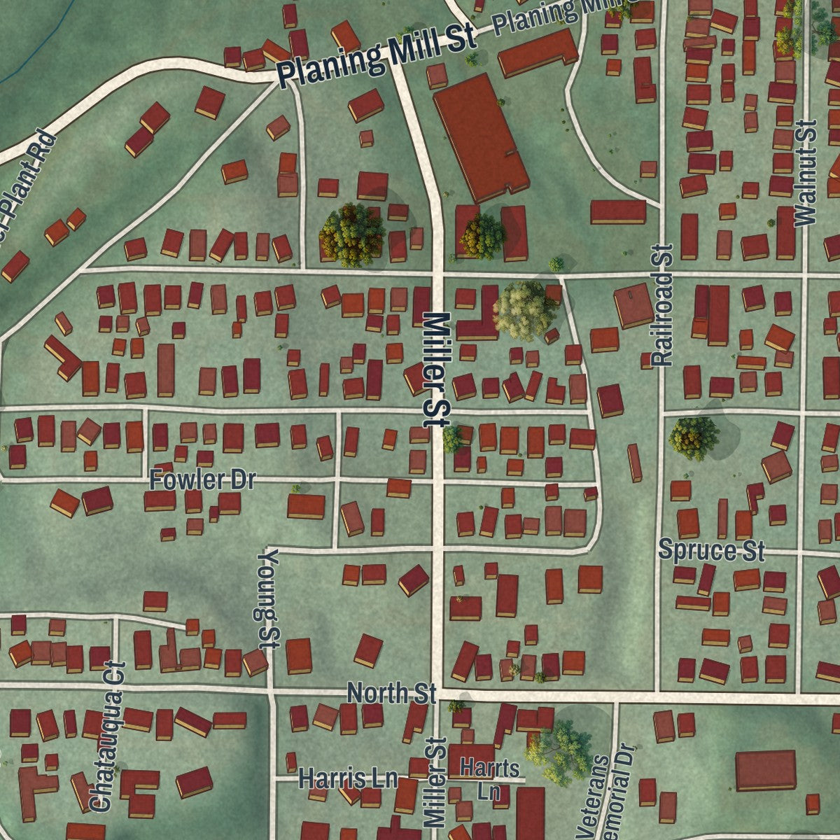 Close-up of the map of Caldwell, Ohio print showing street and building detail