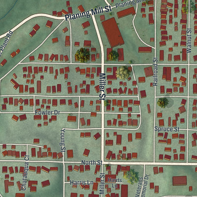 Close-up of the map of Caldwell, Ohio print showing street and building detail