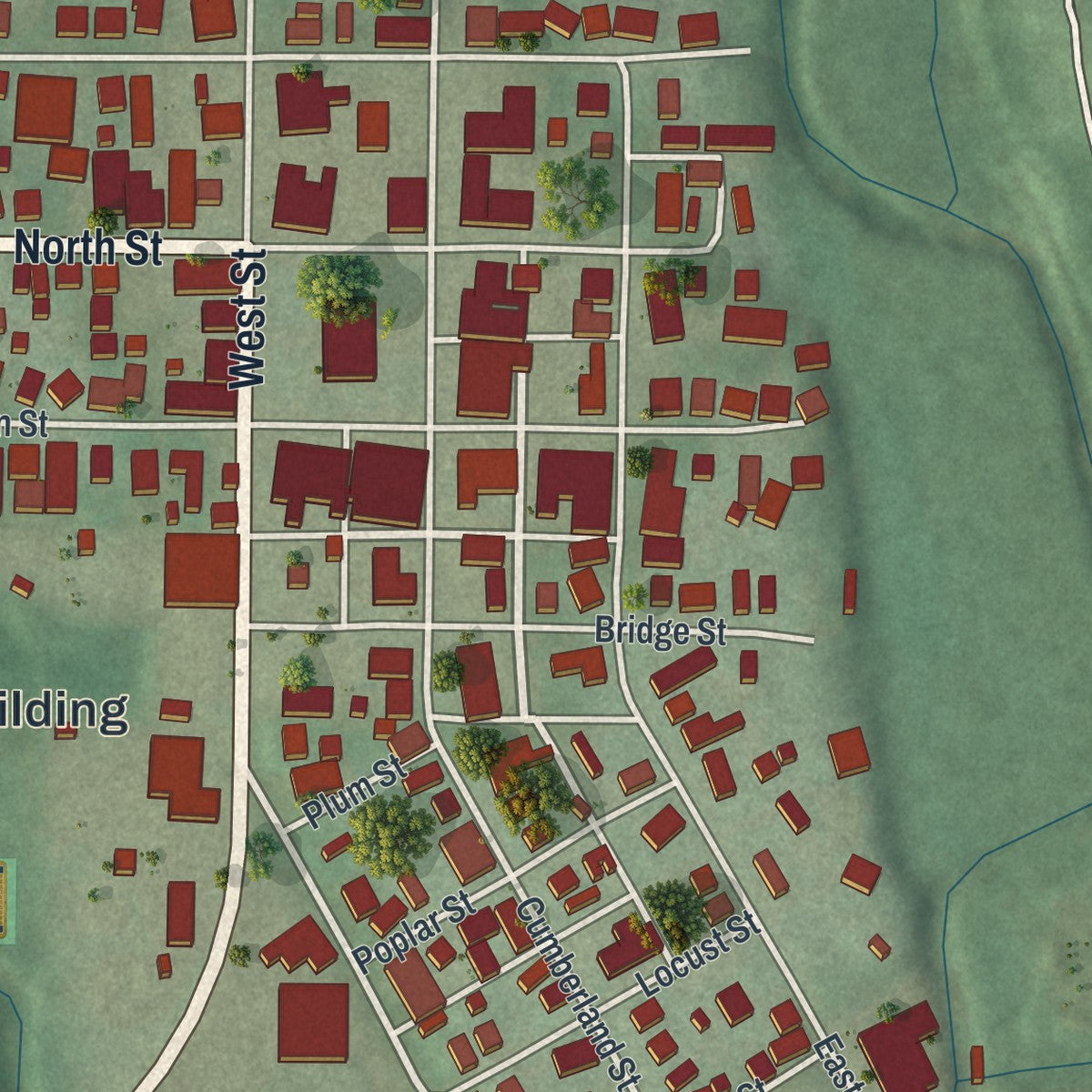 Second close-up of the map of Caldwell, Ohio print showing more streets and buildings