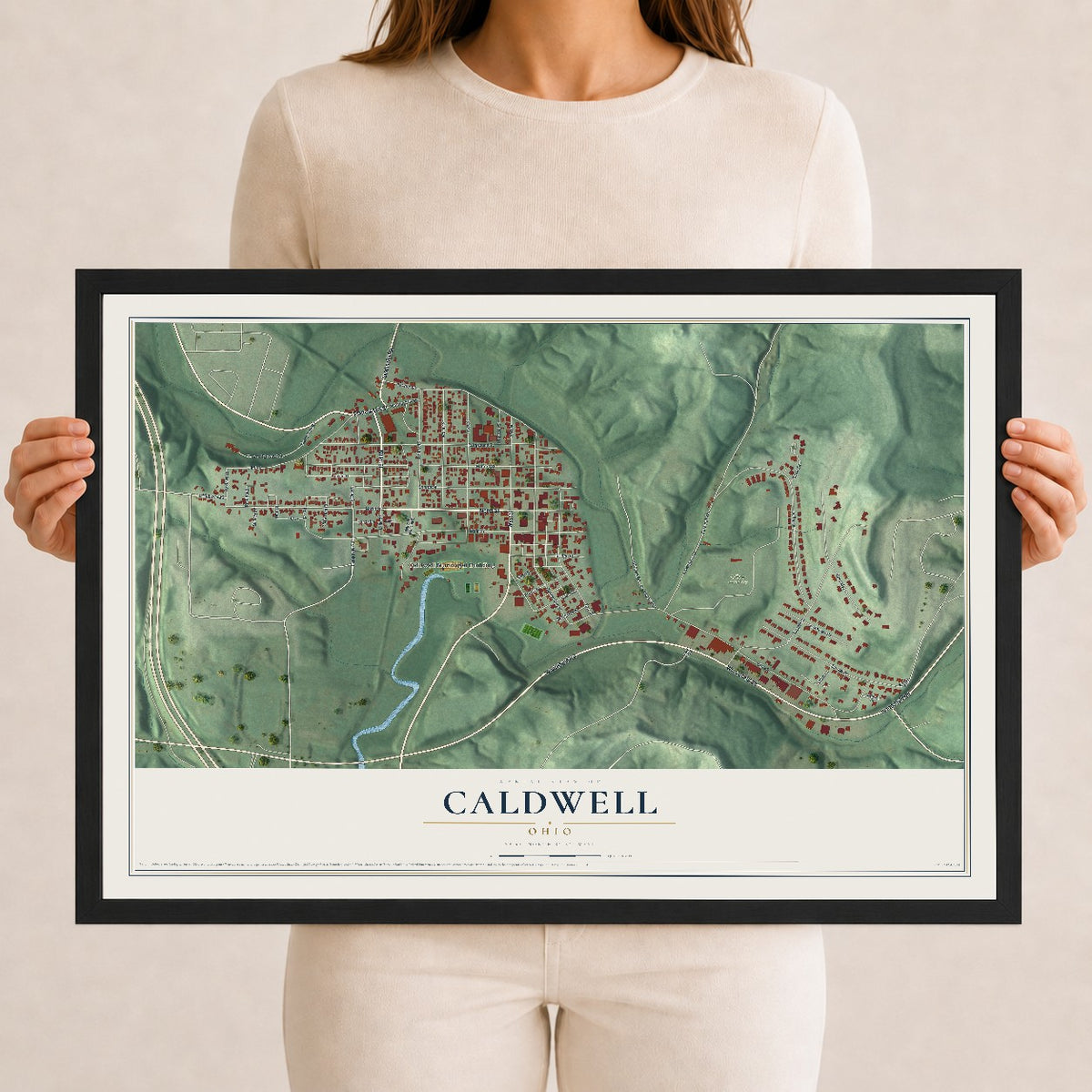 Map of Caldwell, Ohio, 12 x 18 inch print in a black wood frame
