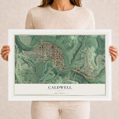 Map of Caldwell, Ohio, 12 x 18 inch print in a white wood frame