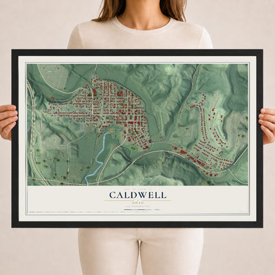 Map of Caldwell, Ohio, 18 x 24 inch print in a black wood frame