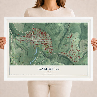 Map of Caldwell, Ohio, 18 x 24 inch print in a white wood frame
