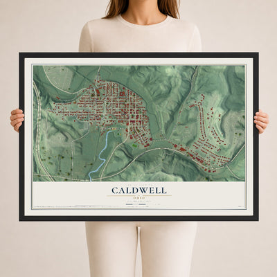 Map of Caldwell, Ohio, 24 x 36 inch print in a black wood frame