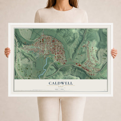 Map of Caldwell, Ohio, 24 x 36 inch print in a white wood frame