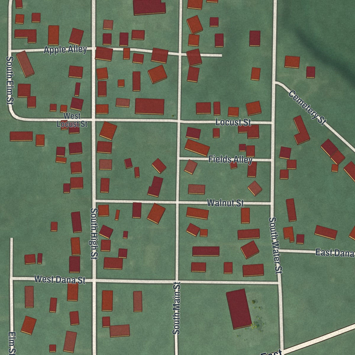 Close-up of the map of Caledonia, Ohio print showing street and building detail