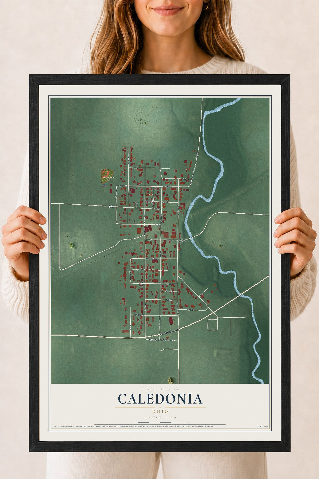 Map of Caledonia, Ohio, 18 x 24 inch print in a black wood frame