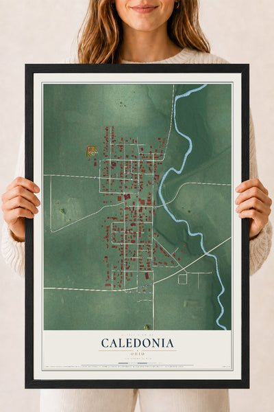 Map of Caledonia, Ohio, 18 x 24 inch print in a black wood frame