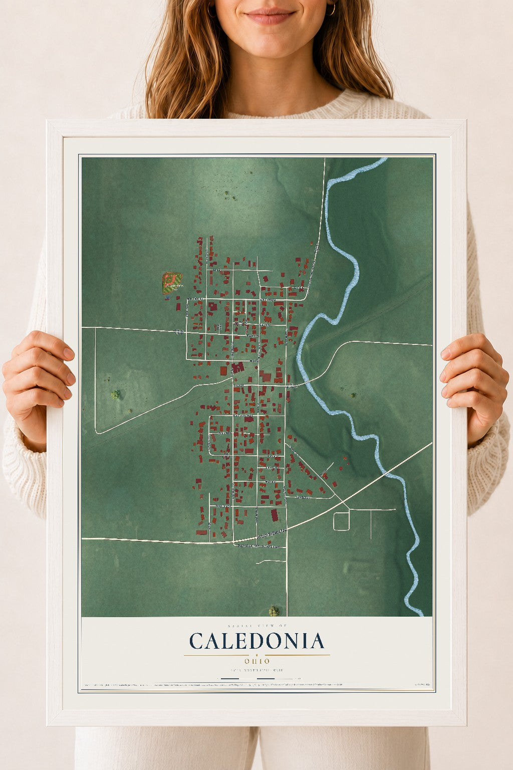 Map of Caledonia, Ohio, 18 x 24 inch print in a white wood frame