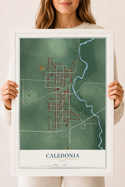 Map of Caledonia, Ohio, 18 x 24 inch print in a white wood frame