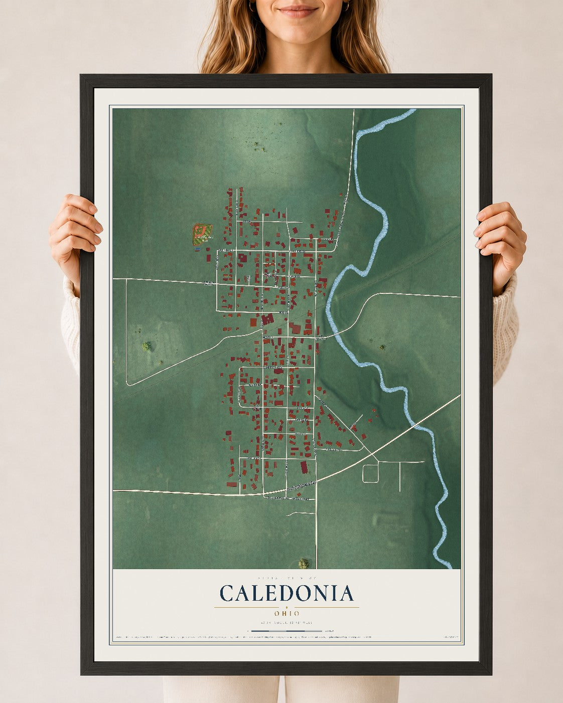 Map of Caledonia, Ohio, 24 x 36 inch print in a black wood frame