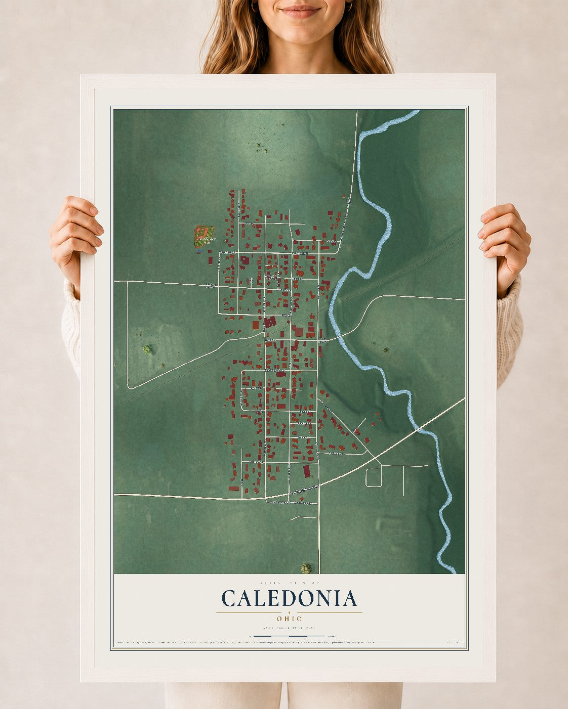 Map of Caledonia, Ohio, 24 x 36 inch print in a white wood frame