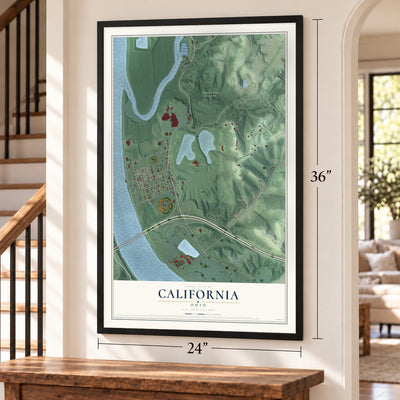 California, Ohio map, 24 x 36 inch print in a black frame by a staircase